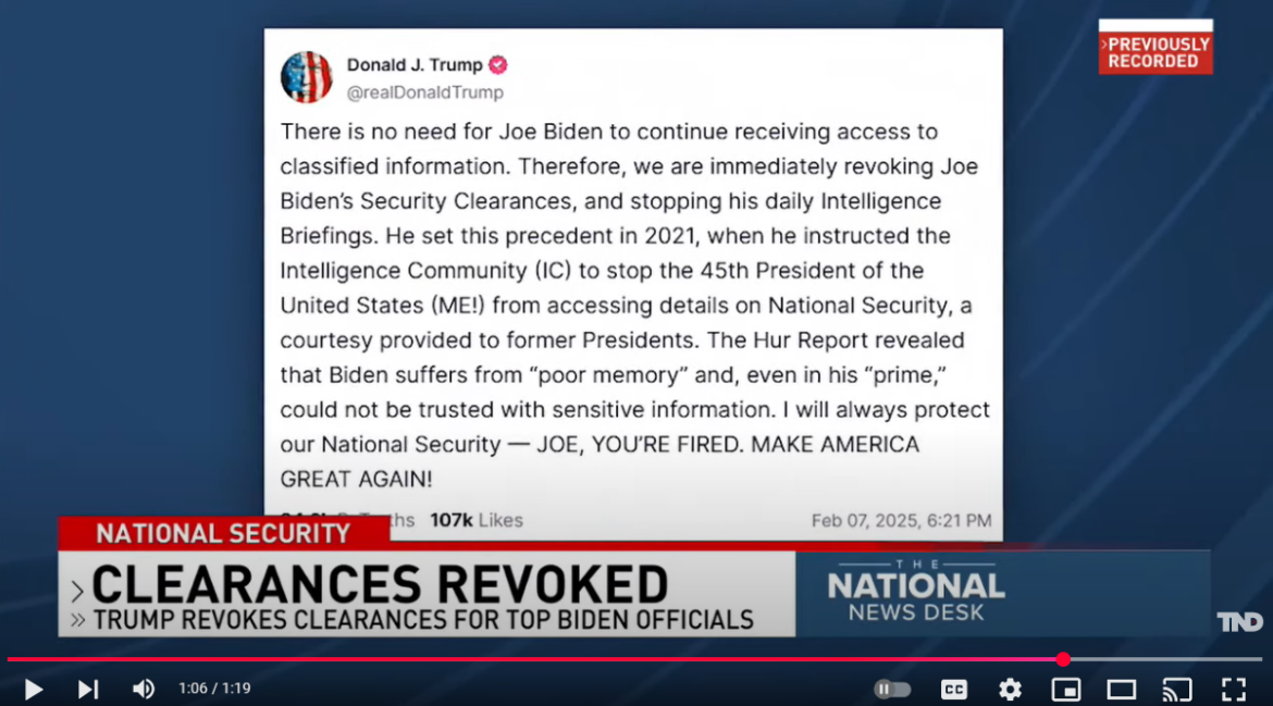President Trump Revokes Former President Biden's Security Clearance, Citing National Security Concerns